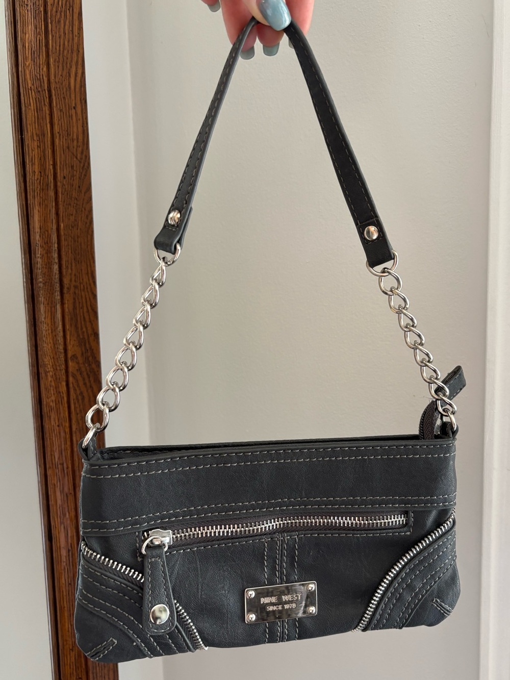 Vintage Nine West Grey Chain-Accent Mini Shoulder Bag